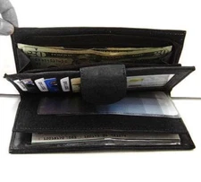 Black Genuine Leather ID Card Checkbook Organizer Clutch Lady Wallet Snap Close