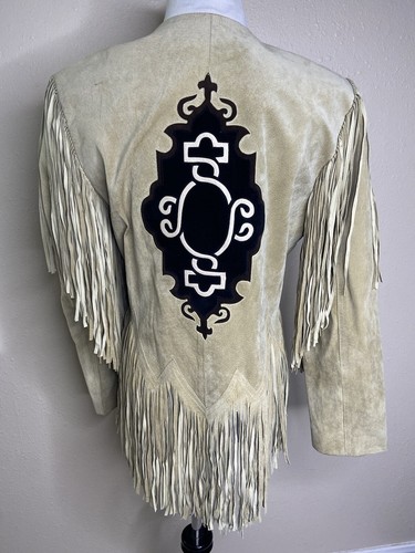DD Co Suede Leather Jacket Fringe Size M Tan Black Western USA Vintage - Afbeelding 6 van 12