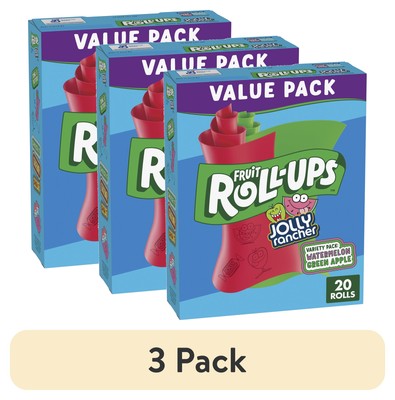 (3 pack) Fruit Roll-Ups Fruit Flavored Snacks, Jolly Rancher, Variety Pack,20 ct