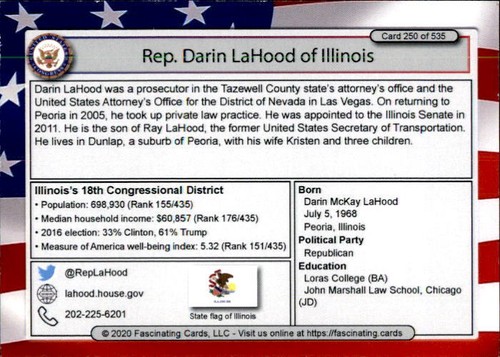 2020 United States Congress #250 Darin LaHood Peoria Illinois Loras College Card - Bild 2 von 2