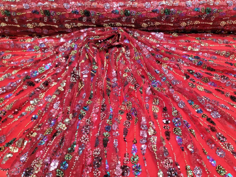 Fabric Sold By The Yard Red Beaded Lace Sequin Floral Embroidery Mesh For Dress - Image 4 of 4