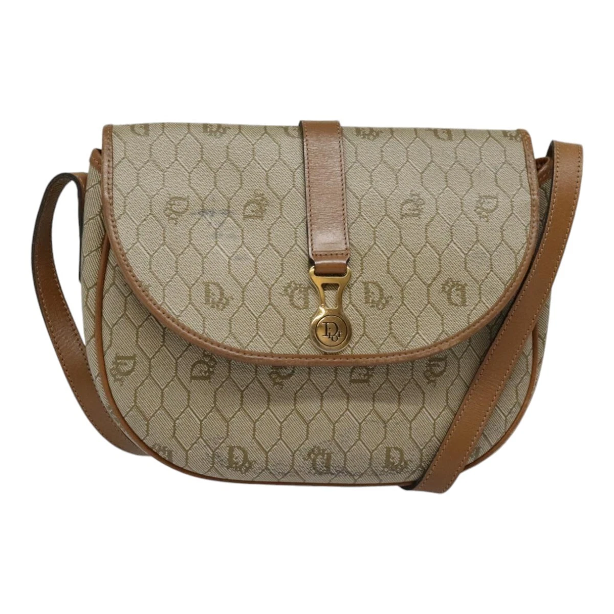 Christian Dior sac à bandoulière toile nid d'abeille PVC cuir beige or authentique 91284