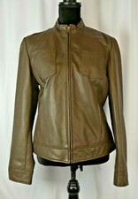 Tahari Brown Leather Jacket Size Medium Soft Full Zip Biker Style Casual Boho