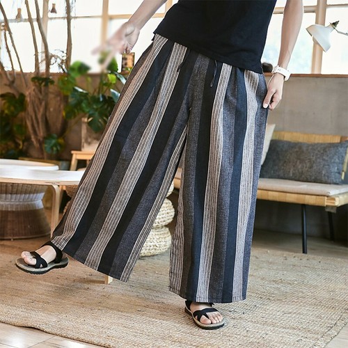 Men Breathable Straight Casual Linen Pants Striped Slacks Trousers Wide Leg - Picture 1 of 14