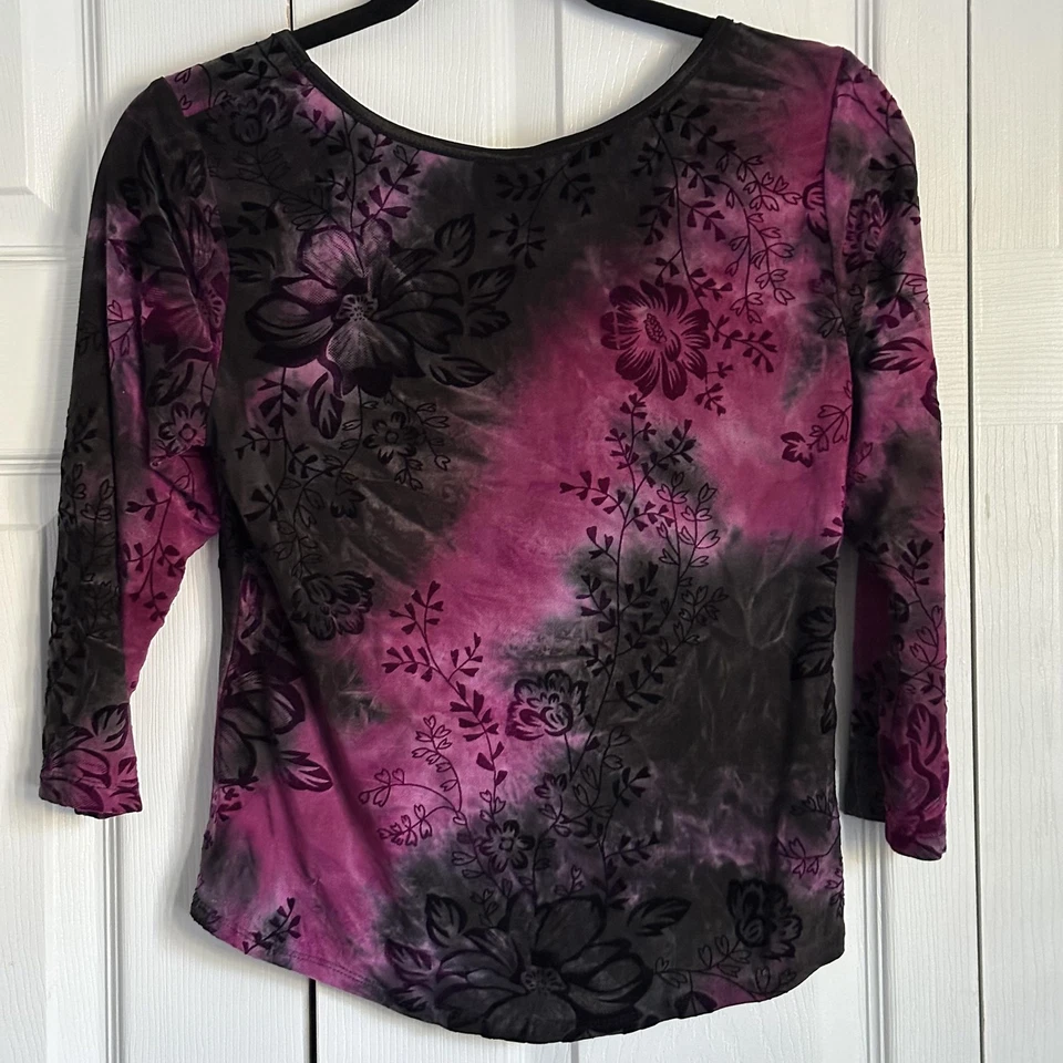 Camisa Serenata Mujer Pequeña Púrpura Negra Burnout Terciopelo Floral Manga 3/4 Foto 2 de 4