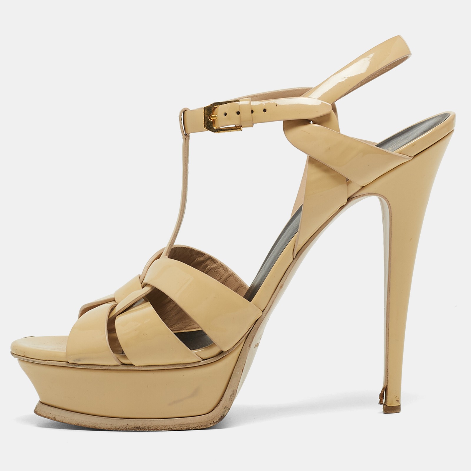 Sandali alla caviglia beige brevettato Saint Laurent taglia 40 5