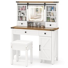 Farmhouse Vanity Desk w/ Sliding Mirror Makeup Vanity Table w/3 Lighting Modes