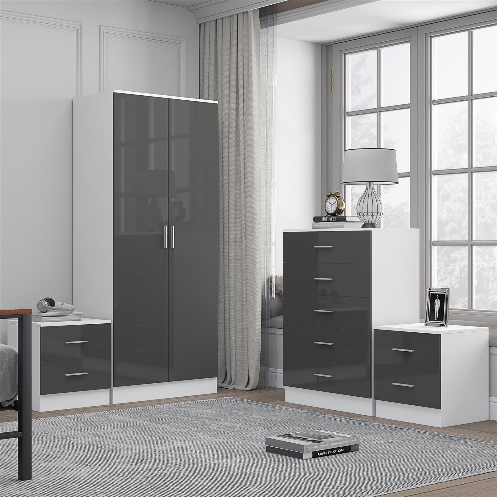 REFLECT 2dr Plain + Chest of Drawers + 2x Bedsides - Grey/White
