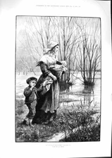 Original Old Antique Print 1881 Rising Water Mother Children Floods Fine Art