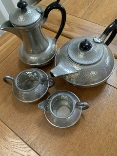 English Pewter Hand Hammered Tea Set Milk Jug Water Jug Sugar Bowl