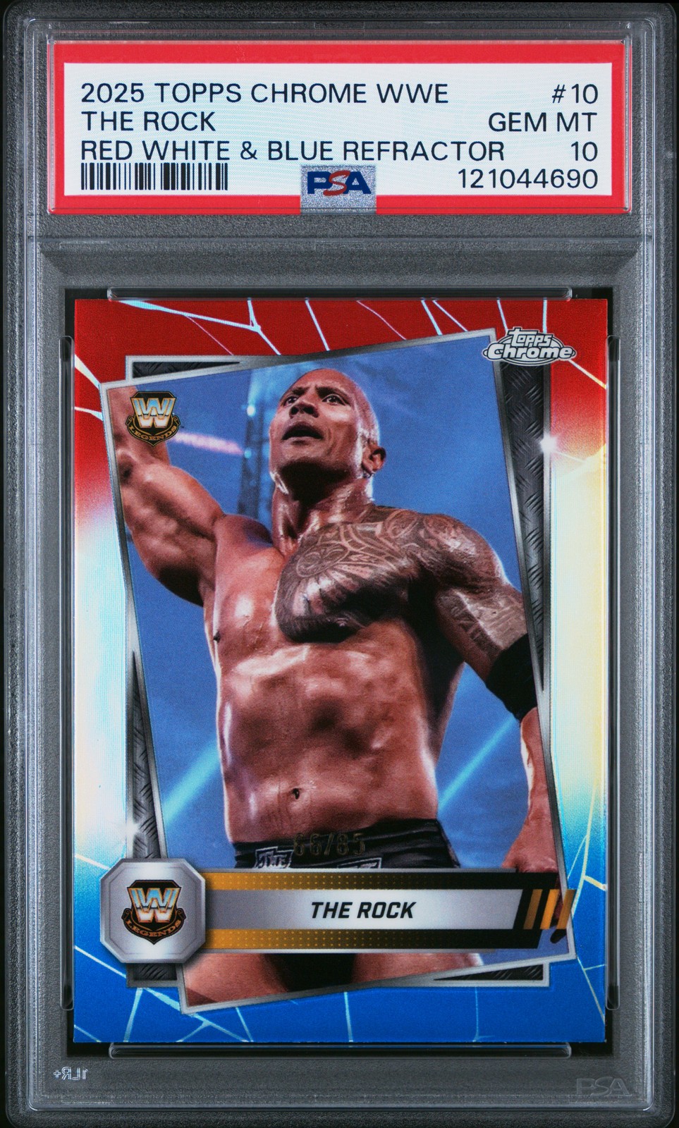 2025 TOPPS CHROME WWE RED WHITE & BLUE REFRACTOR #10 THE ROCK 66/85 PSA 10