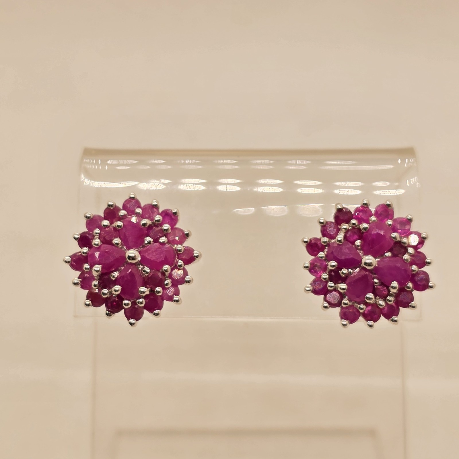 Sterling Silver Ruby Cluster Flower Stud Earrings - image 1