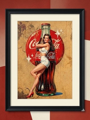 Coca-Cola Pin-Up Art Advertising Sign with Bottle, Woman, Red White Brown Colors