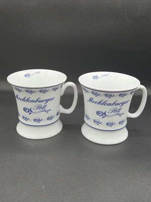 2 arko Coffee Mugs Cups Mecklenburger Pott  Germany Porcelain White Blue Fancy