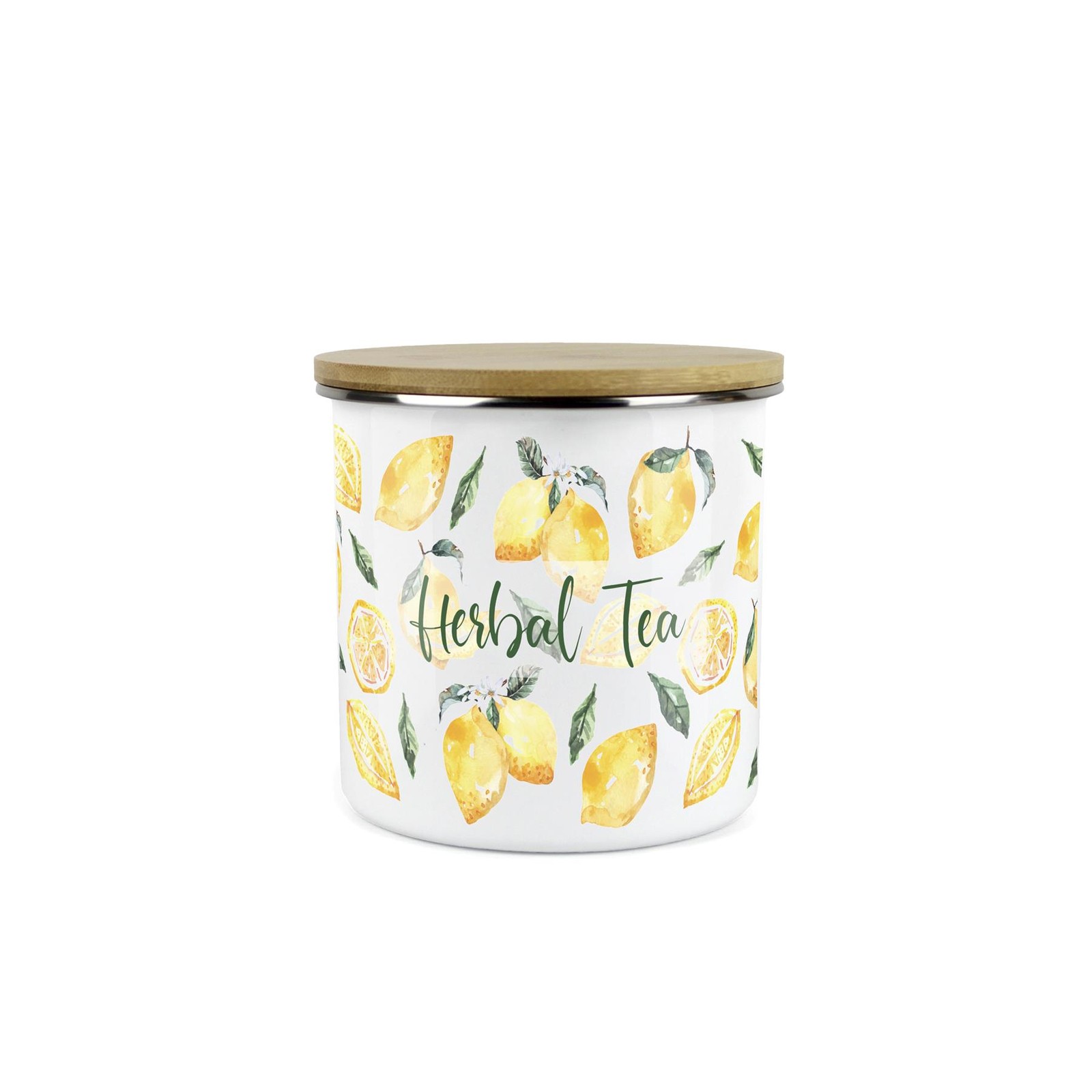 Lemons Herbal Tea Canister - Vibrant Citrus Fruits Enamel Kitchen Storage Gift