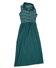 Talbots Mixed Media Midi Polo Dress Medium Green Striped Cinch Waist Collar S45