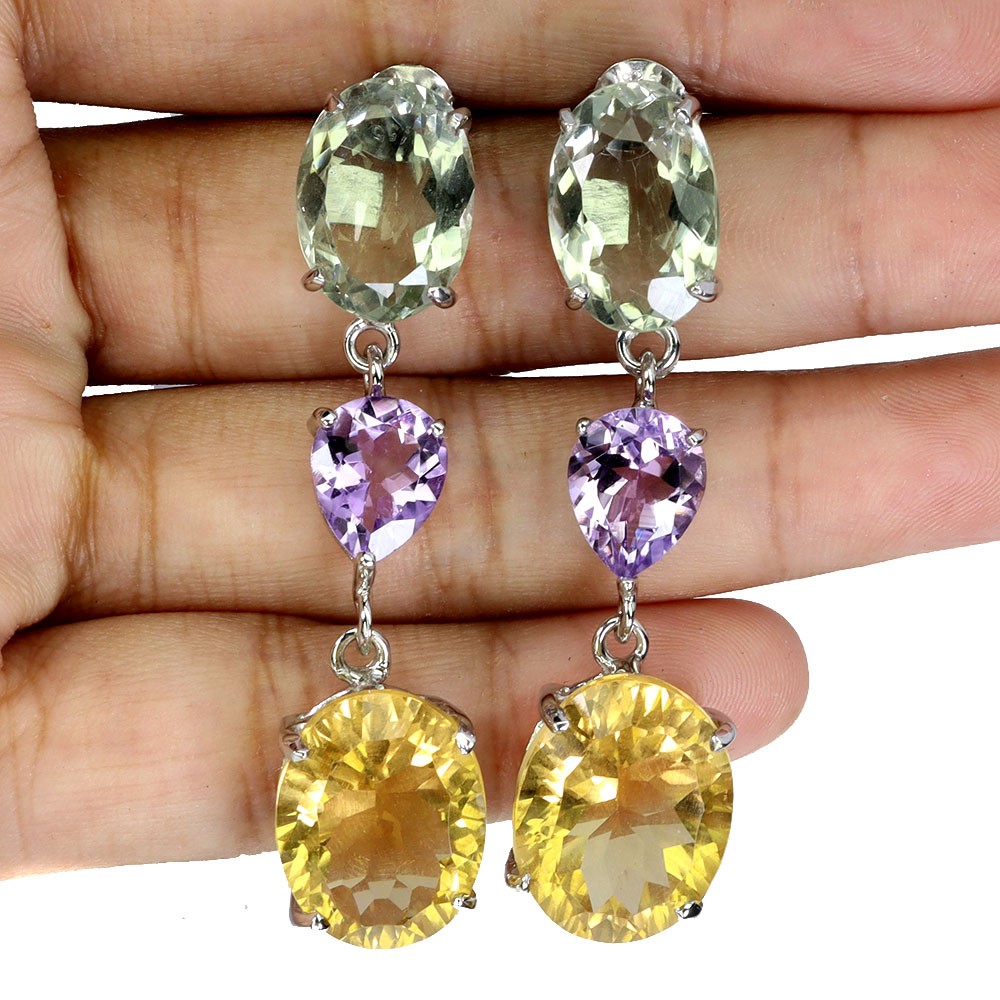 925 Sterling Silver Earrings Oval Citrine 39ct Amethyst Handmade Gemstone