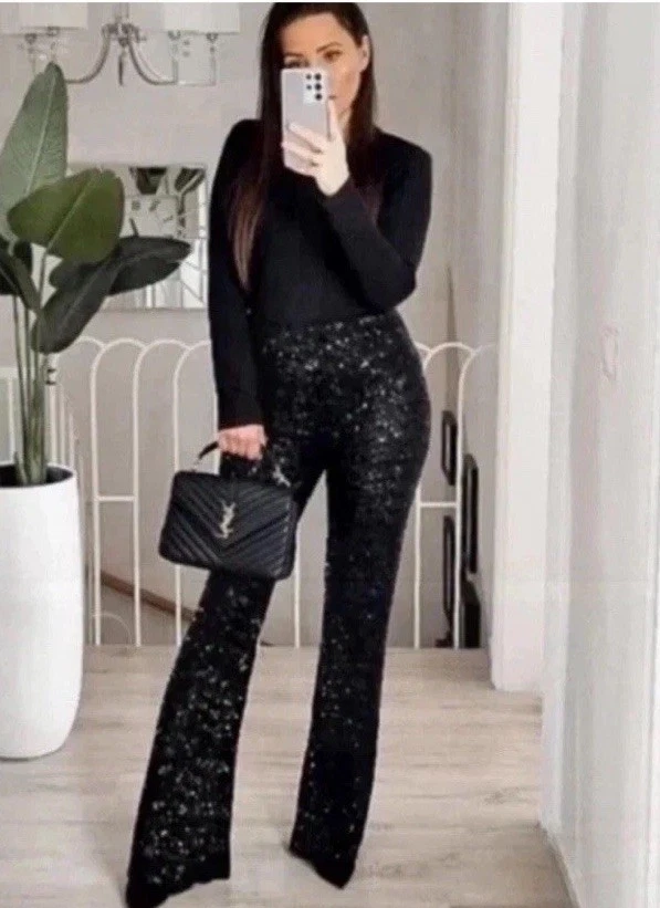 ZARA MUJER NEGRO CINTURA ALTA ACAMPANADO LENTEJUELAS LEGGINGS PANTALONES TALLA S  Foto 2 de 4