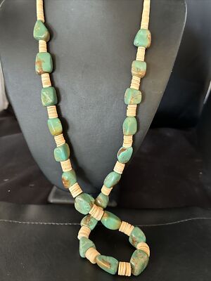 Green Nugget Turquoise Santo Domingo Sterling Silver Necklace 30  15291