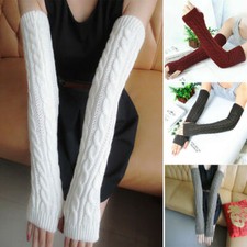 Women Winter Long Wrist Hand Arm Warmers Fingerless Gloves Cable Knitted Mittens