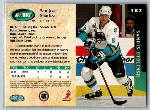 1993-94 Parkhurst - Sandis Ozolinsh #187 San Jose Sharks NHL Hockey Card - Picture 2 of 2