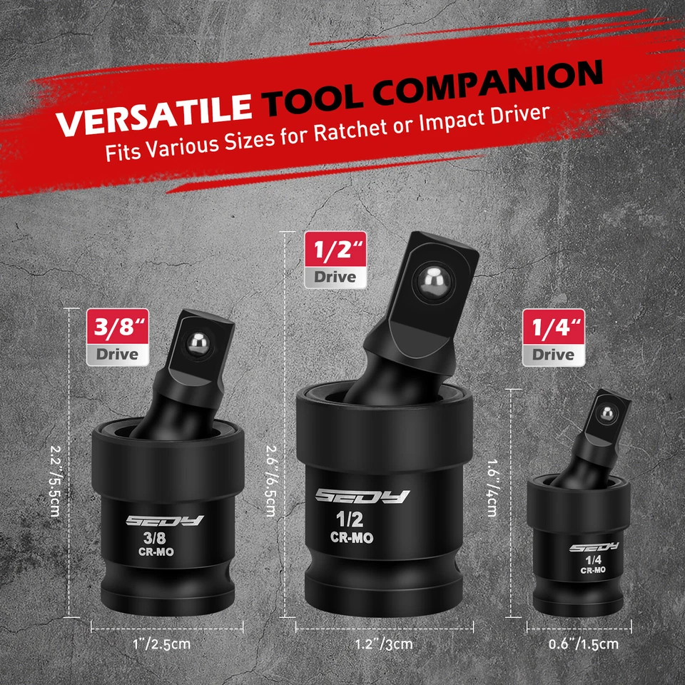 3pc Impact Universal Swivel Socket Set 3/8" 1/4" 1/2" Drive U-Joint 360 Degree - Image 2 of 4