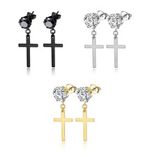 Mens Womens Stainless Steel Cross Drop Dangle Earrings CZ Ear Stud Jewelry Gift