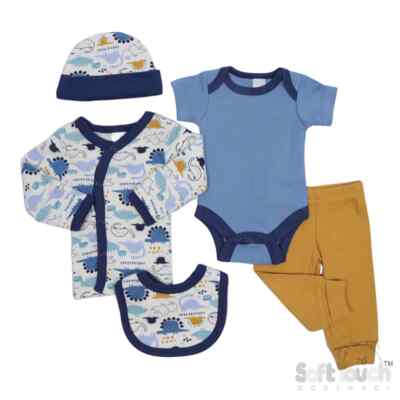 5pc Blue/Mustard Premature / Tiny Baby Set 3.5kg - 50-55cm Dinosaur Design