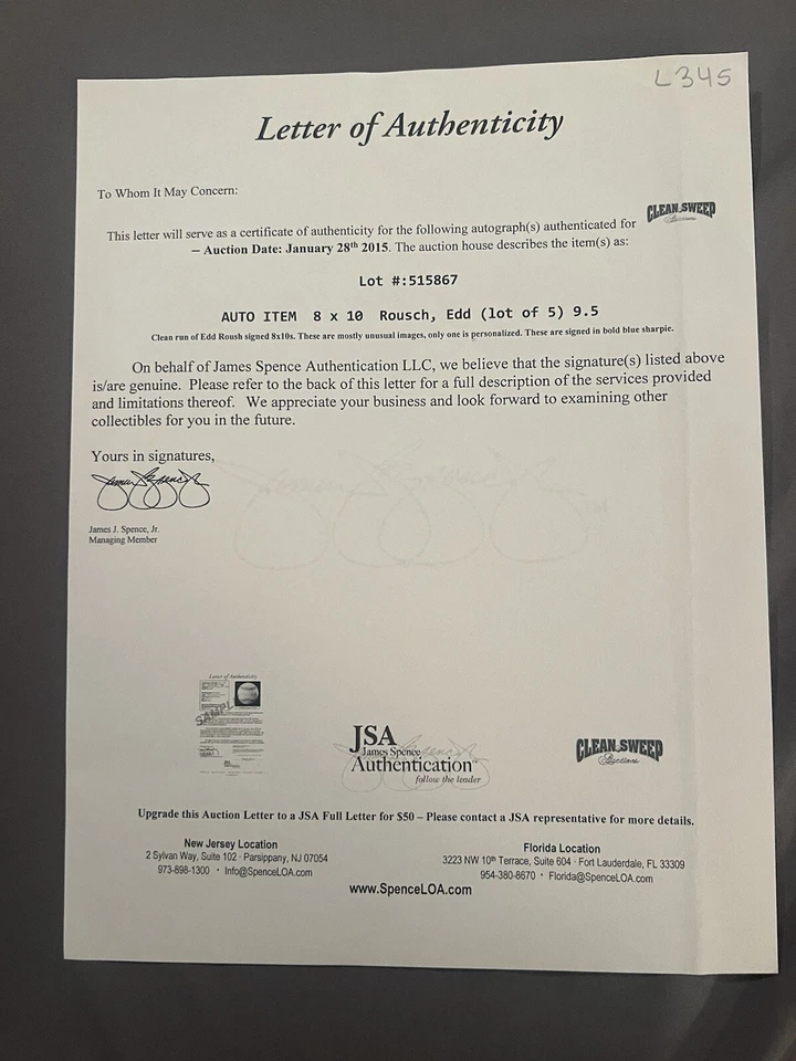 Edd Roush Signed 8x10 Photo JSA LOA Cincinnati Reds Hall of Fame - Image 2 of 2