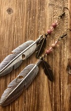 Antique Brass And Silver Rose Bead Tangle Feather Boho Handmade Earrings