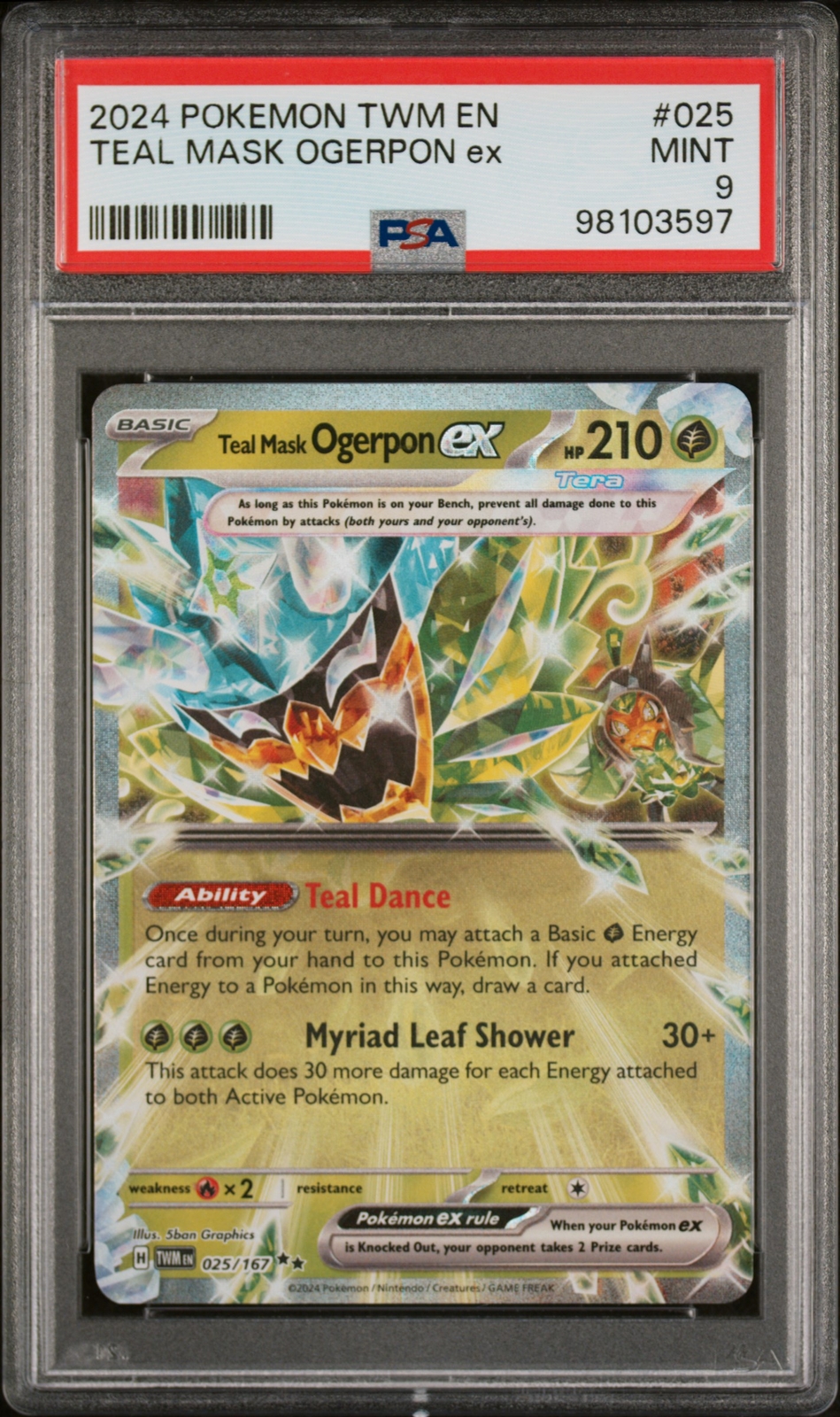 2024 POKEMON TWILIGHT MASQUERADE TWM EN #25 TEAL MASK OGERPON ex PSA 9