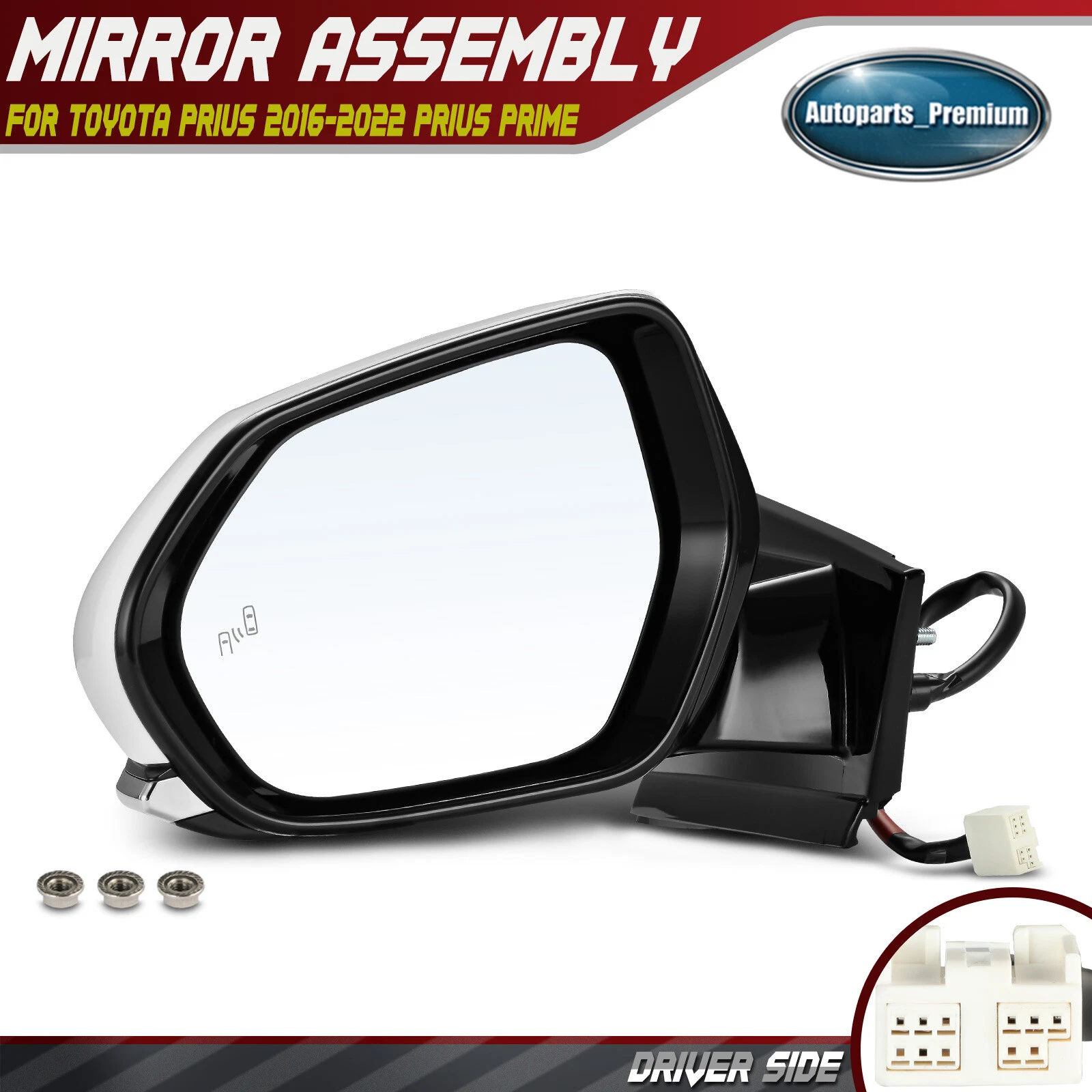Left Driver Power Mirror w/ Blind Spot & Heated White for Toyota Prius 2016-2022