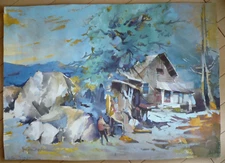 MYSTERY ARTIST, VINTAGE WATERCOLOR COLORISM LANDSCAPE FIGURE CALIFORNIA ?? CALIF