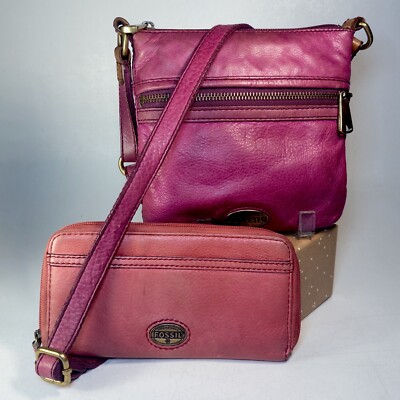 Fossil Explorer Mini Crossbody Bag Wallet Pebbled Cowhide Leather  Magenta/Pink