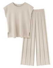 Ekouaer Lounge Sets For Women Two Piece Outfits Knit Cap Sleeve Tops Wide Leg