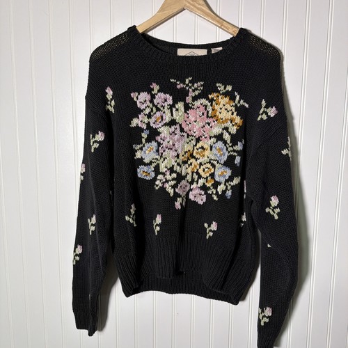 Vintage 90s Hand Knit Silk Cotton Black Spring Floral Sweater Grandma Cottage L - Afbeelding 10 van 15