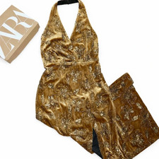 Zara Vestito Velluto Nuovo L Senape Oro Ricamato Maxi Abito Con Spacco Perline