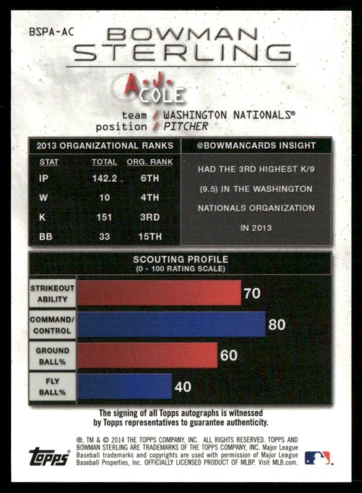 A.J. Cole AUTOGRAPH Washington Nationals 2014 Bowman Sterling AUTO RC - Image 2 of 2