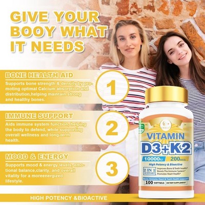 Vitamin D3 1000IU & K2 MK7 Supplement for Strong Bones, Immune Defense & Energy
