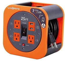 Link2Home Cord Reel 25 ft. Extension Cord 3 Power Outlets, 2 USB Ports, Orange