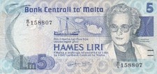 #Central Bank of Malta 5 Liri 1986 P-38 VF+ Agatha Barbara
