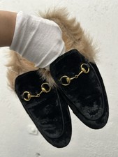 Authentic GUCCI Black Velvet Princetown Mule Horsebit Loafers Sz 8 US 38 EU