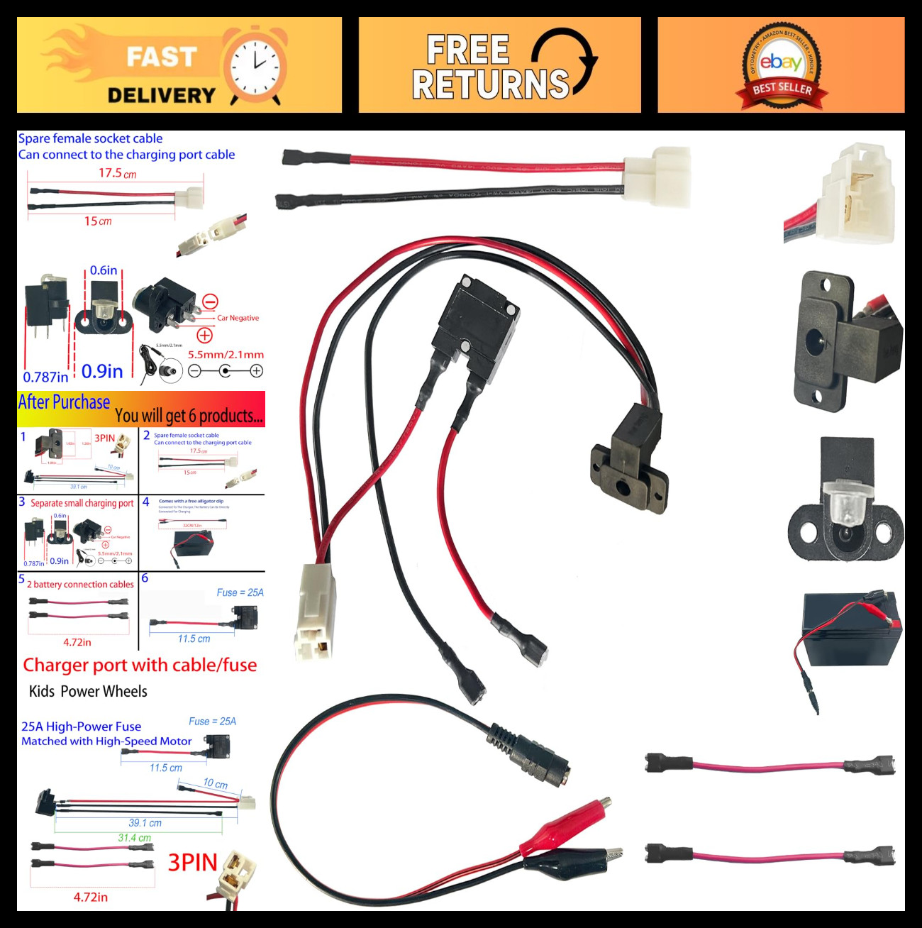 "6V 12V 24V Round Charger Port for Kids Ride-On Electric Cars + 6PCS 25A Fuse Ki