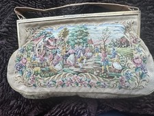 VINTAGE 1930/40s Tapestry Bag Figural Pastoral Courting Scene Ornate Brass Frame