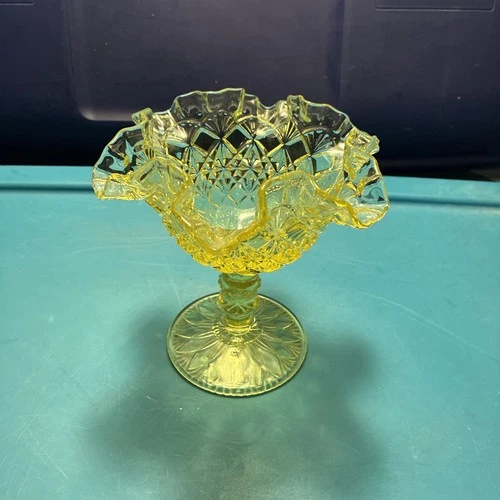 Vintage Fenton Soft Yellow Compote Ruffled Diamond Pat Pedestal Candy Dish Bowl