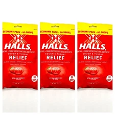 Halls Strawberry Flavor Cough Drops 3 Pack Economy Size 80 x 3 (240 Total drops)