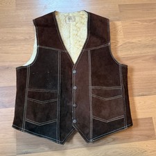 Men's Vintage 80's Genuine Leather Dark Brown Suede Western Sherpa Vest Sz 38 M