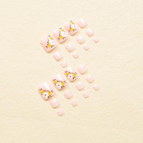 Nude Press on Toenails Short Square Fake Toe Nails Summer T02-026Cake Flower - Picture 2 of 7