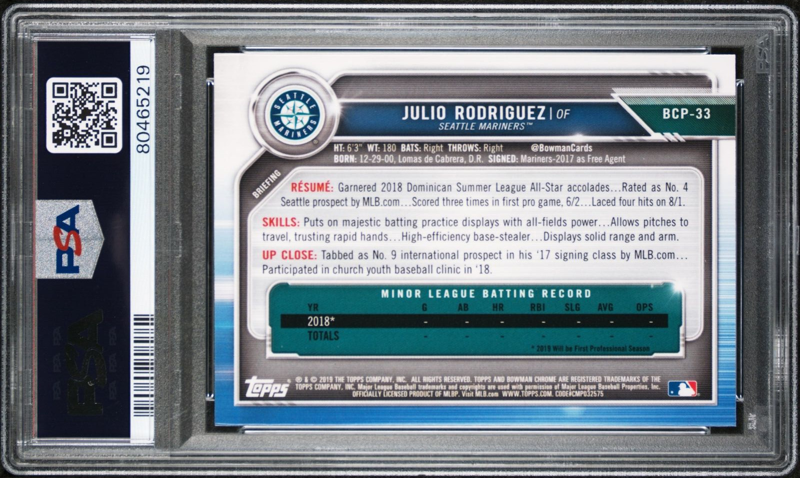 PSA 10 JULIO RODRIGUEZ 2019 1st Bowman Chrome #BCP33 Rookie Card RC GEM MINT view 3