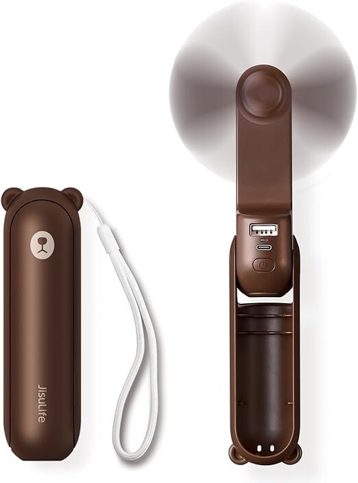 JISULIFE 3-in-1 USB Rechargeable Mini Handheld Fan in Brown